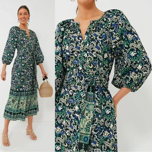 Tuckernuck NEW Batik Floral Lyles Green Blue Puff Sleeve Belted Midi Dress M - Picture 3 of 9